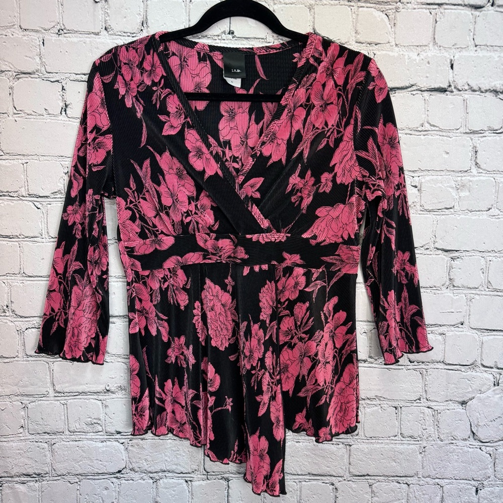 j.t.b. Vintage Y2K Black Blouse Pink Hibiscus Floral Fairycore Hem Size Large